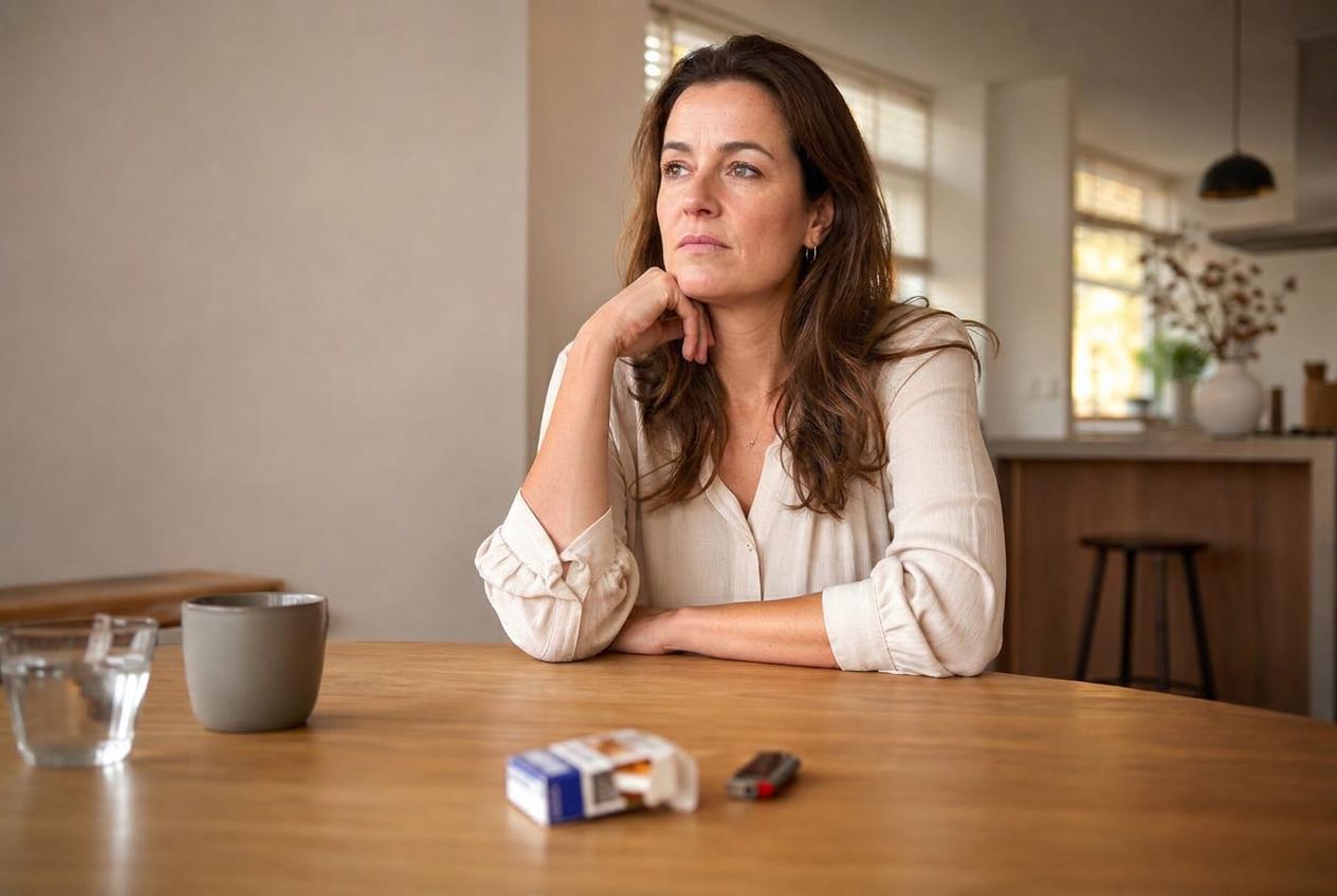 Een vrouw thuis aan tafel die vastberaden nadenkt over stoppen met roken, met een pakje sigaretten op de tafel
